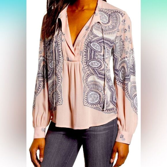 Lucky Brand Women's Scarf Paisley Popover Peasant Top tie string 2X pink - Picture 1 of 7